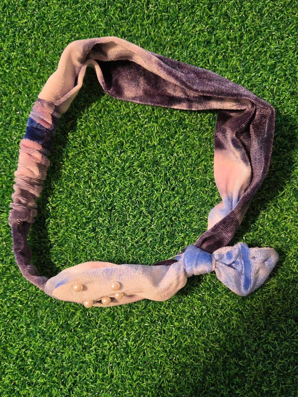Velvet Tie-Detail Headband with Pearl Accents - Purple Blue